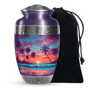 YATHABI Beach Sunset Urns - Purple Urn for Ashes for Women - Large Cremation Urns for Human Ashes Adult Man - Palm Tree Memorial Urn for Adult Female - 10 Inch