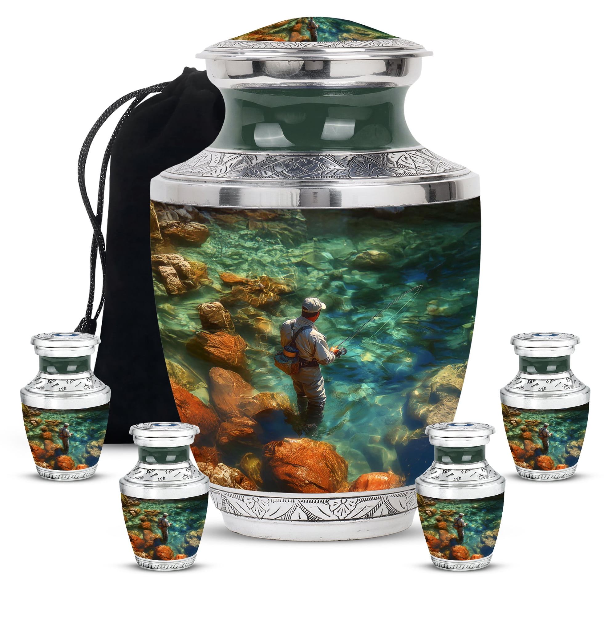 YATHABI Fishing Cremation Urn - Large Urns For Human Ashes Adult Male - Small Keepsake Urn For Adult Female - Little Urn For Ashes For Women - Memorial Ash Holder - 10 Inch And 3 Inch