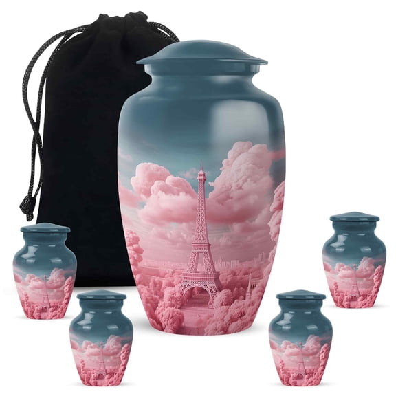 YATHABI Pink Eiffel Tower Urn for Mom - Handcrafted Funeral Urns for Women - Large Cremation Urns for Human Ashes Adult Man - Mini Urn for Ashes Adult Male - 10 Inch and 3 Inch ( Combo of 5 )