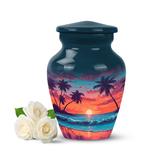 YATHABI Sunset Beach Urn Pack of 1 - Green Urn for Ashes Adult Male Small - Palm Tree Mini Adult Urns for Human Ashes Men - Beach Keepsake Funeral Urns for Women and Men - 3 Inch