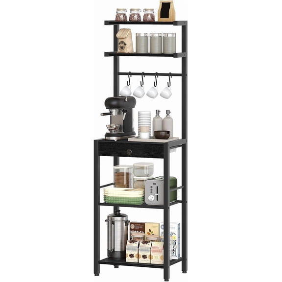 YATINEY Bakers Rack, 5-Tier Coffee Bar Station, Stand with Pod Drawer Holder, Versatile Kitchen Storage Rack 4 Hooks, for Living Room, Cafe Corner, Black KF01BB