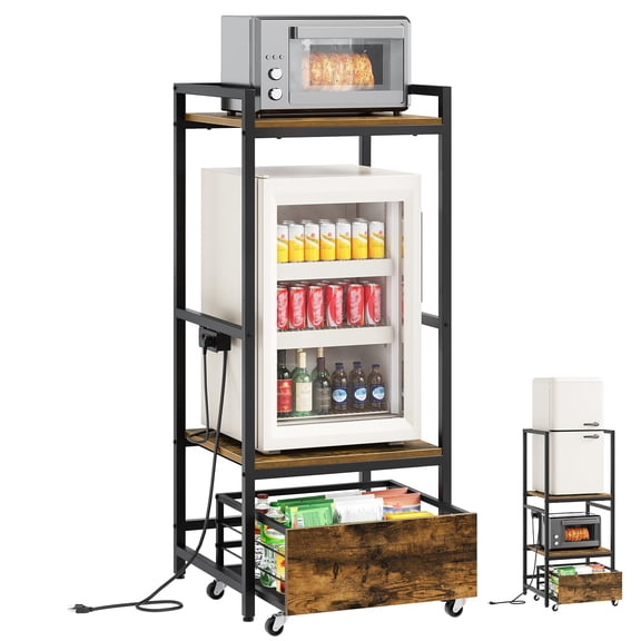 YATINEY Mini Fridge Stand with Movable Drawer, Microwave Stand with Power Outlet, Mini Fridge Shelf with Adjustable Shelves, Kitchen Bakers Rack for Dorm, Dining Room, Home, Rustic Brown HB05UBR Y101