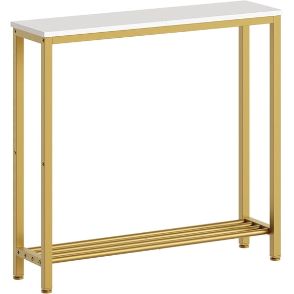 YATINEY Narrow Console Table, 2-Tier Small Sofa Table, 29.5" Thin Entryway Behind Couch Table with Shelves,  Hallway Table, for Living Room, Foyer, White and Gold CT03DW