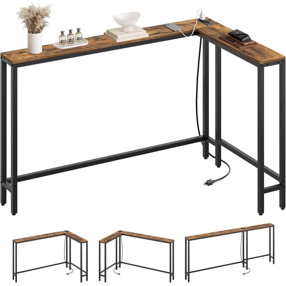 YATINEY Narrow Console Table with Outlets, 70.9" Sofa Table Narrow Long, L Shaped Behind Couch Entryway Table with Charging Station, for Living Room, Hallway, 3 Assembly Options, Rustic Brown CT07UBR