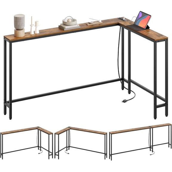YATINEY Narrow Console Table with Outlets, 78.7" Sofa Table Narrow Long, L Shaped Behind Couch Entryway Table with Charging Station, for Living Room, Hallway, 3 Assembly Options, Rustic Brown CT17UBR