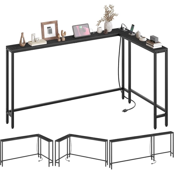 YATINEY Narrow Console Table with Outlets, 78.7" Sofa Table Narrow Long, L Shaped Behind Couch Entryway Table with Charging Station, for Living Room, Hallway, 3 Assembly Options, Black CT17UBB