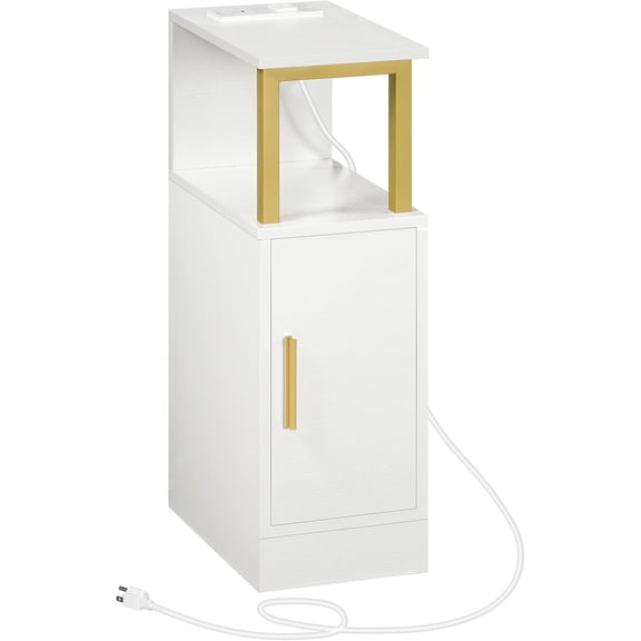YATINEY Narrow Nightstand, Skinny Side Table with Charging Station, Bedside Table with Cabinet, Night Stand for Small Spaces, Bed Side Cabinet for Bedroom, Living Room, White and Gold ET27UDW