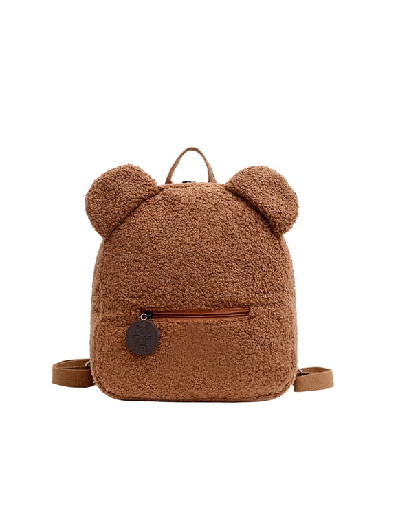 Women Mini Cute Bear Ear Fuzzy Backpack, Winter Warm Plush Soft Furry Casual Daypack, Fashion Small Travel Bag
