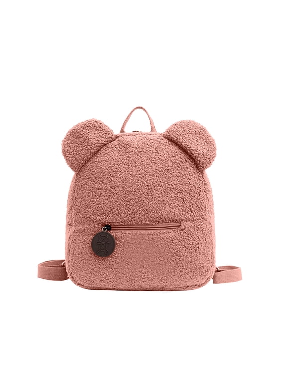 Women Mini Cute Bear Ear Fuzzy Backpack, Winter Warm Plush Soft Furry Casual Daypack, Fashion Small Travel Bag