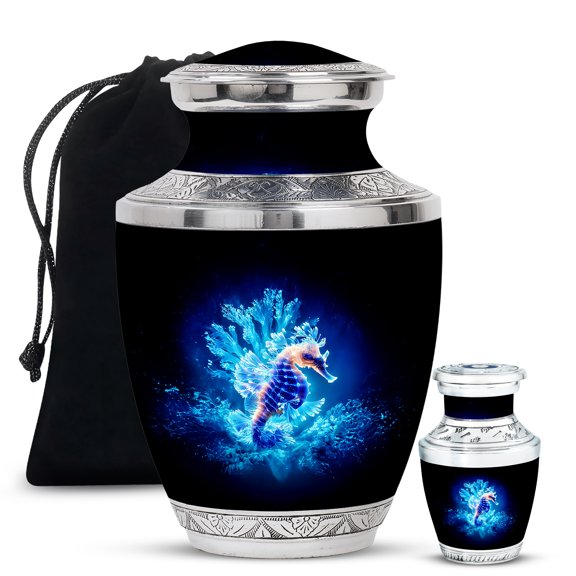 YATSKIA Blue Sea Horse Small Memorial Keepsake Urns for Human Ashes Adult Male and Female, Large Funeral Urn for Adult Ash, (Tasty 10 Inch and 3 Inch)