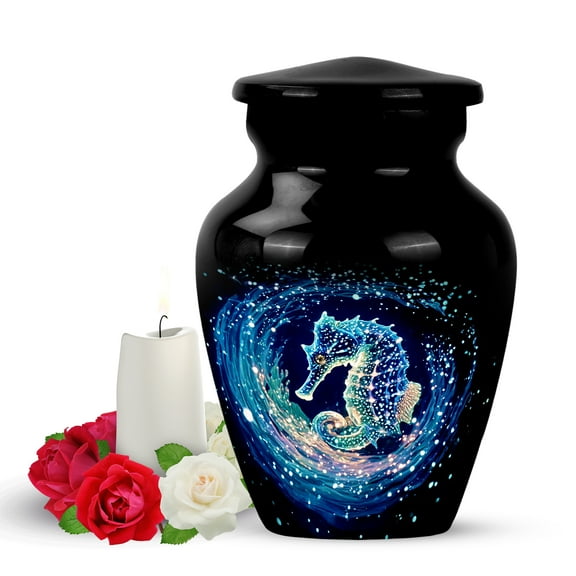 YATSKIA Blue Sea Horse Small Urns for Human Ashes Keepsake Adult Men and Women, Mini Memorial Keepsake Urn for Ashes Adult Male, (Classic Pack of 1, 3 Inch)