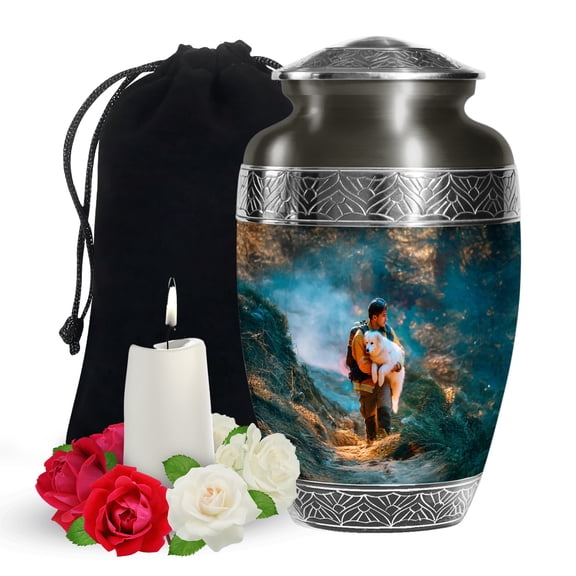YATSKIA Fire Fighter with Dog Large Memorial Urns for Human Ashes Adult Male and Female, Decorative Funeral Urn for Adult Ashes, (200 Cubic, Large 10 Inch)