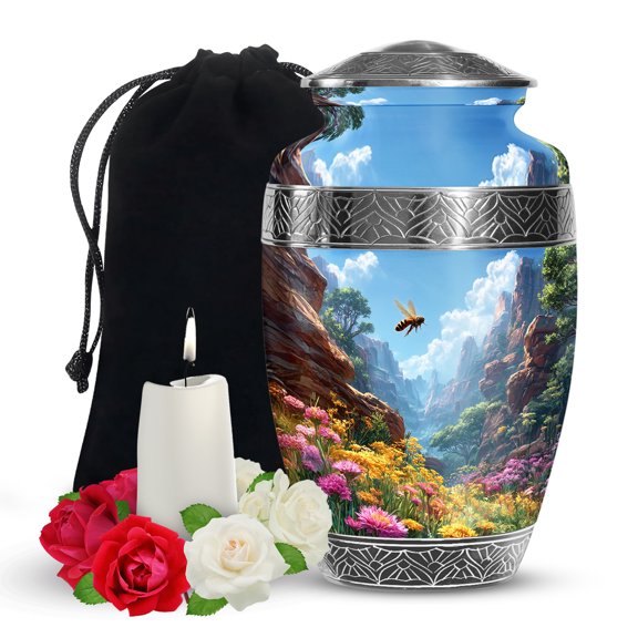 YATSKIA Flying Bee with Flower Large Memorial Urn for Ashes Adult Mother and Father, Decorative Funeral Urn for Ashes Adult Female, (200 Cubic, Large 10 Inch)