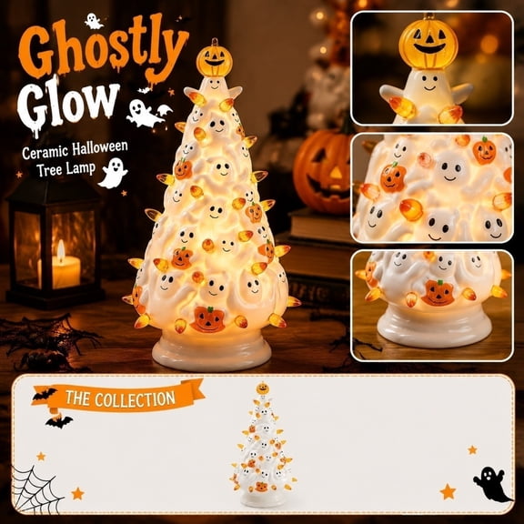 YATingW Halloween Ghost Pumpkin Ceramic Tree Night Light,11.81 Inch Lighted Tabletop Ceramic Tree Lamp, Spooky Glowing Indoor Holiday Ornament for Shelf, Mantel, Table Festive Display Decor