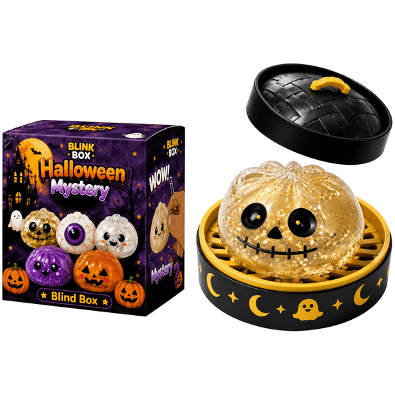 YATingW Halloween Glitter Dumpling Squishy Toy with Steamer Box, Spooky Ghost Pumpkin Squeeze Stress Ball Fidget Toy, Anxiety Relief Toy, Novelty Halloween Party Favor Gift for Kids Adults -A