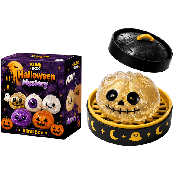YATingW Halloween Glitter Dumpling Squishy Toy with Steamer Box, Spooky Ghost Pumpkin Squeeze Stress Ball Fidget Toy, Anxiety Relief Toy, Novelty Halloween Party Favor Gift for Kids Adults -A