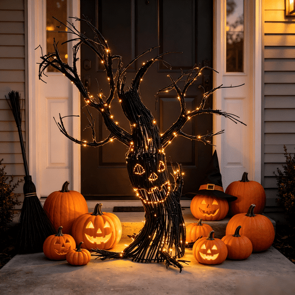 YATingW Halloween Lit Jack Lantern Willow Tree, Black Twisted Willow Branch Tree with Warm LED Lights Spooky Halloween Indoor Outdoor Front Porch Yard Holiday Party Decor