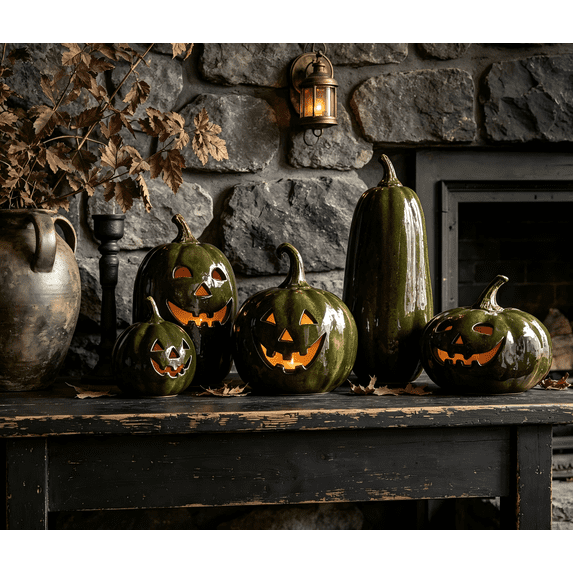 YATingW Handmade Dark Green Jack Halloween Pumpkin Lantern , Hollow Face Pumpkin Light, Porch Mantel Farmhouse Halloween Fall Table Decor,Halloween Indoor Decor & Fall Decorations for Home