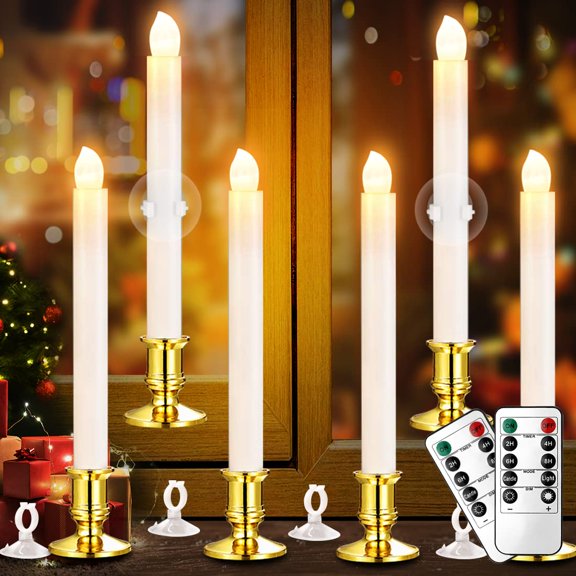 YAUNGEL Christmas Window Candles, 6 Pack Battery Operated Flameless Taper Candles for Windows with Timer Remote, Electric Candle Lights with Candle Holders Suction Cups for Christmas Y101