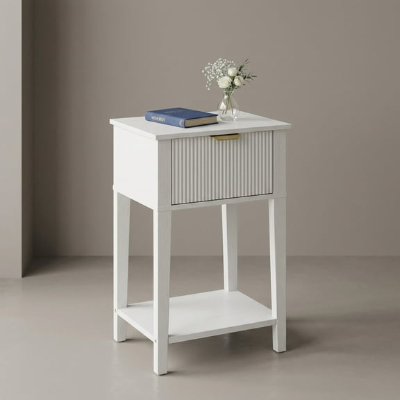 YAURA 12" Shallow Nightstand, Small White Fluted Bedside Table for Small Spaces, Modern Farmhouse Accent End Table