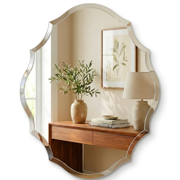 YAURA 22"x28" Frameless Scalloped Oval Mirror, Beveled Edge Vintage Shield Vanity Mirror with Solid Backing, Vertical/Horizontal Hang for Powder Room & Entryway