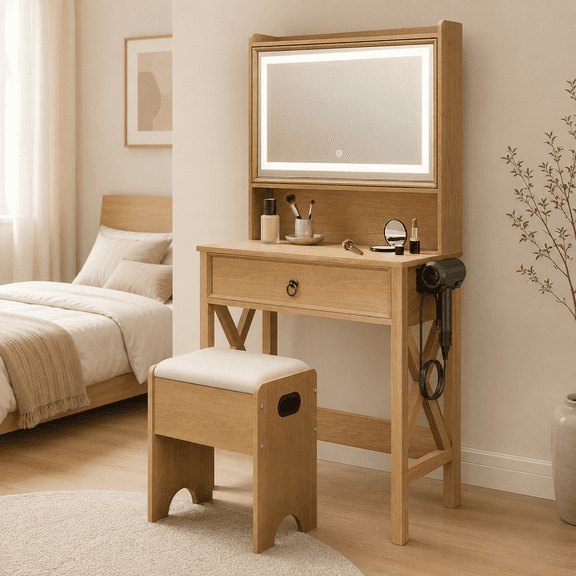 YAURA 24" Farmhouse Vanity Desk with Lighted Mirror & Charging Station, Rustic Brown Makeup Vanity Table Set with Stool, Hidden Storage Cabinet, Top Shelf & Industrial X-Frame