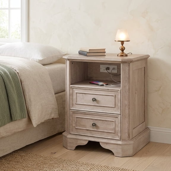 YAURA 24" Greige Oak Nightstand with Charging Station, Rustic Farmhouse Bedside Table with 2 Drawers, Open Shelf & USB/AC Outlets