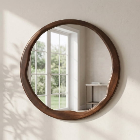 YAURA 24" Round Dark Walnut Bathroom Vanity Mirror, Asymmetrical Wavy Solid Wood Wall Mirror, Mid-Century Modern Decor, Shatterproof