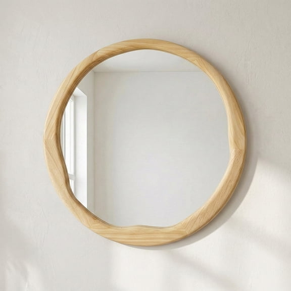 YAURA 24" Round Natural Wood Bathroom Vanity Mirror, Asymmetrical Wavy Inner Frame Wall Mirror, Scandinavian & Boho Decor, Shatterproof