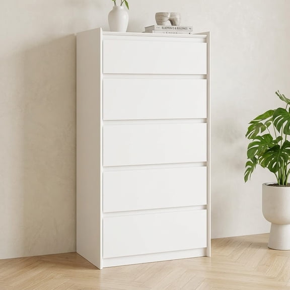 YAURA 24" Wide White Dresser, 5 Drawer Vertical Chest, Modern Matte Wood Tallboy with Anti-Tip Kit, Space-Saving Storage for Bedroom & Small Spaces
