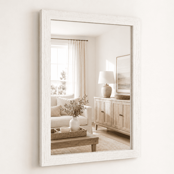 YAURA 24" x 36" Distressed White Farmhouse Wall Mirror, Coastal Rustic Wood Textured Bathroom Vanity Mirror, Vintage Rectangle Mirror for Mantel, Bedroom & Entryway