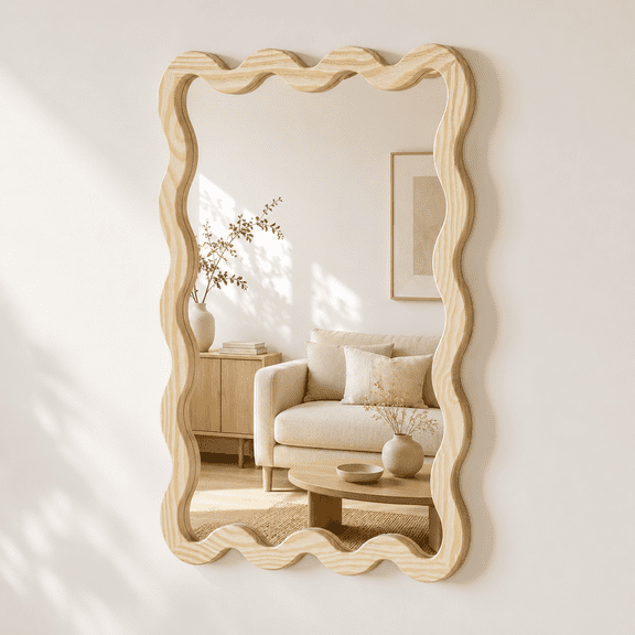 YAURA 24" x 36" Wavy Wood Wall Mirror, Large Solid Wood Asymmetrical Vanity Mirror, Natural Squiggle Mirror for Bathroom, Japandi Boho Aesthetic Decor