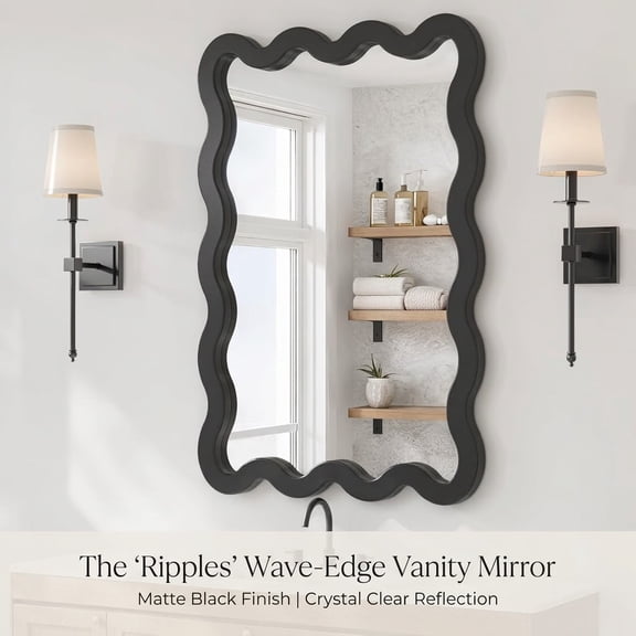 YAURA 24"x36" Matte Black Wavy Wall Mirror, Large Solid Wood Asymmetrical Squiggle Mirror, Bathroom Vanity & Bedroom Modern Decor