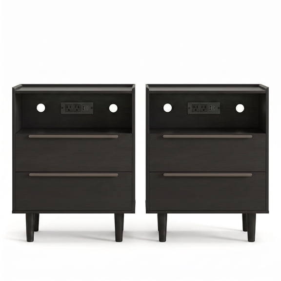 YAURA 26" Tall Black Nightstand Set of 2 with Charging Station, 2-Drawer Bedside Tables with Type-C & USB Ports