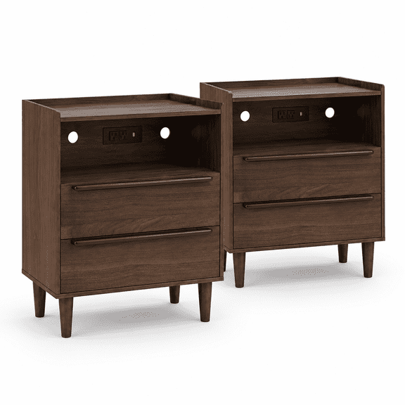 YAURA 26" Tall Charging Nightstand with USB-C, 2 Drawers & Open Shelf, Dark Walnut Bedside Table, 24"W x 16"D, 1 or 2 Pack Options