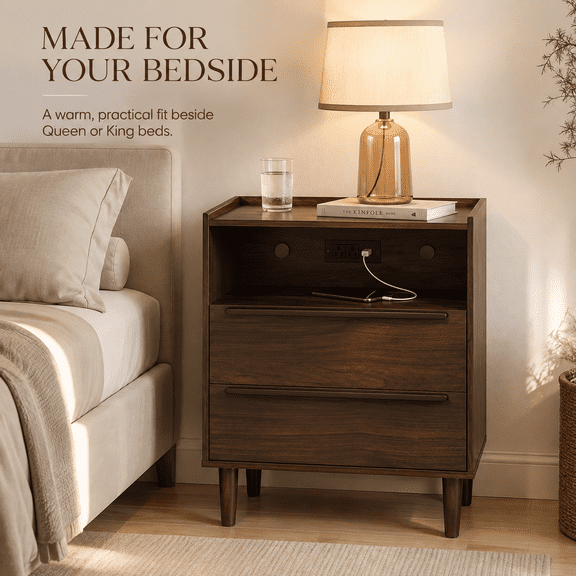 YAURA 26" Tall Charging Nightstand with USB-C, 2 Drawers & Open Shelf, Dark Walnut Bedside Table, 24"W x 16"D, 1 or 2 Pack Options