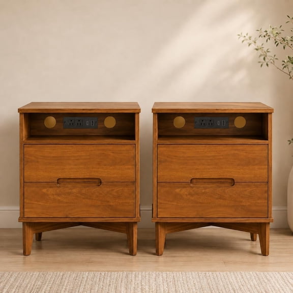YAURA 26" Tall Nightstand Set of 2 with Charging Station & USB-C, Mid-Century Modern Bedside Tables with 2 Drawers, Caramel Walnut End Tables with Solid Wood Legs for Bedroom & Living Room