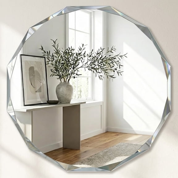 YAURA 30" Large Faceted Round Wall Mirror, Diamond-Beveled Circle Bathroom Mirror with Solid Backing, Big Sparkle Decor Mirror for Living Room, Fireplace & Master Vanity
