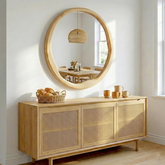 YAURA 30" Large Round Natural Wood Wall Mirror, Asymmetrical Wavy Solid Wood Mirror, Scandi & Boho Decor, Shatterproof