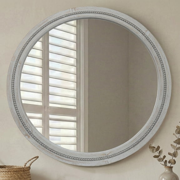 YAURA 30" Round Solid Wood Bathroom Vanity Mirror, Distressed Grey Beaded Wall Mirror, Rustic Farmhouse & Industrial Decor, Shatterproof
