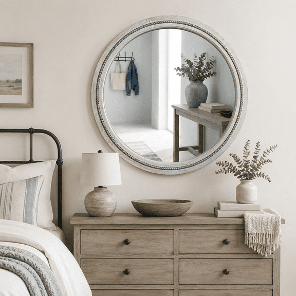 YAURA 30" Round Solid Wood Wall Mirror, Handcrafted Beaded Frame Bathroom Vanity Mirror, Shatter-Resistant Tempered Glass Decorative Mirror for Entryway, Bedroom & Farmhouse Decor