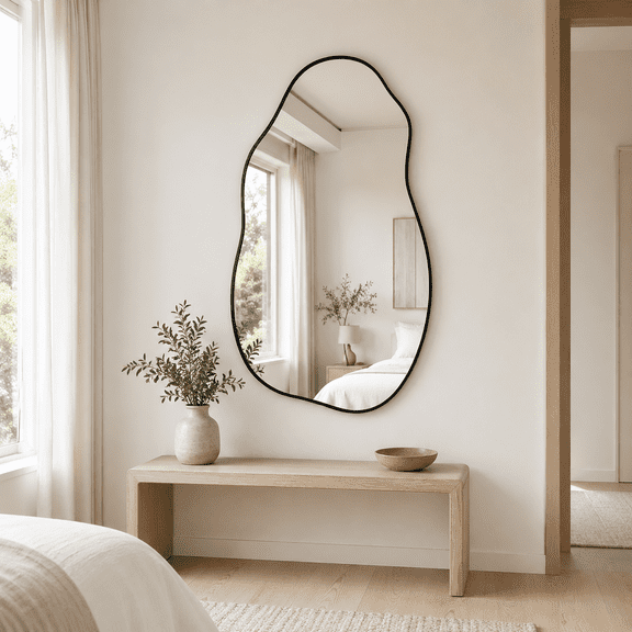 YAURA 30" x 16.5" Irregular Wall Mirror, Small Asymmetrical Vanity Mirror with Rustproof Aluminum Frame, Tempered Glass Wavy Mirror for Powder Room, Bedroom & Hallway