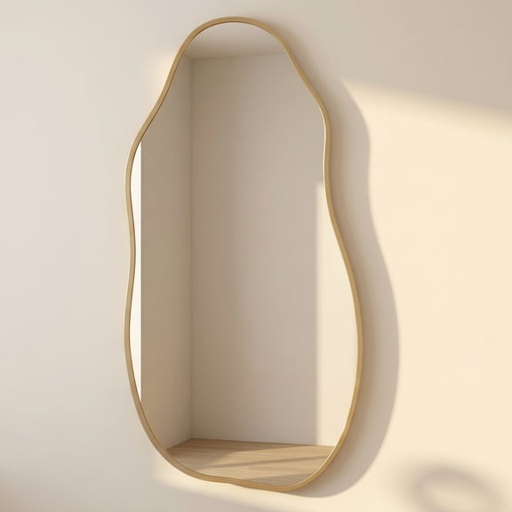 YAURA 30"x16.5" Irregular Wavy Wall Mirror, Matte Gold Asymmetrical Mirror, Rustproof Aluminum & Tempered Glass for Bathroom & Bedroom