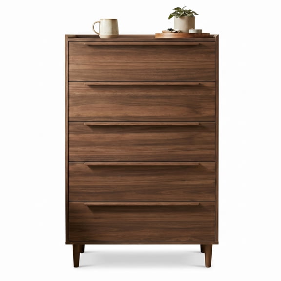 YAURA 31" Walnut Dresser with 5 Drawers, Mid-Century Modern Tall Chest of Drawers, Vertical Storage Cabinet with Raised Edge