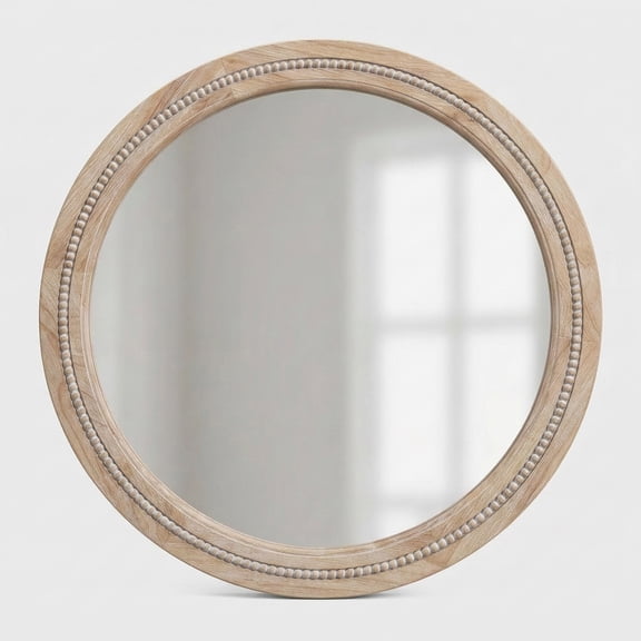 YAURA 36" Large Round Wood Wall Mirror, Oversized Natural Solid Wood Circle Mirror with Beaded Frame, Modern Farmhouse Decor for Living Room & Fireplace