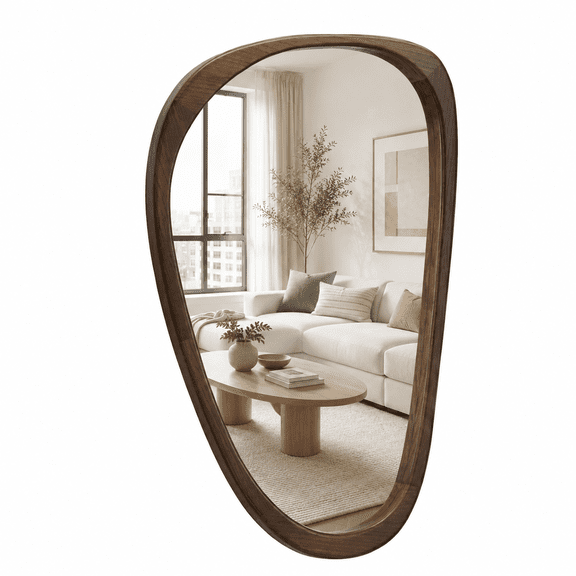 YAURA 36"x24" Solid Wood Asymmetrical Wall Mirror, Retro Mid-Century Irregular Wooden Bathroom Vanity Mirror, Sculptural Accent for Living Room, Sideboard, or Entryway  Dark Walnut