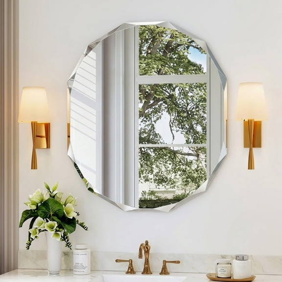 YAURA 36"x30" Large Capsule Oval Vanity Mirror, Wide Oblong Faceted Wall Mirror with Solid Backing, Diamond-Beveled Pill Shape Mirror for Master Bath, Horizontal/Vertical Hang