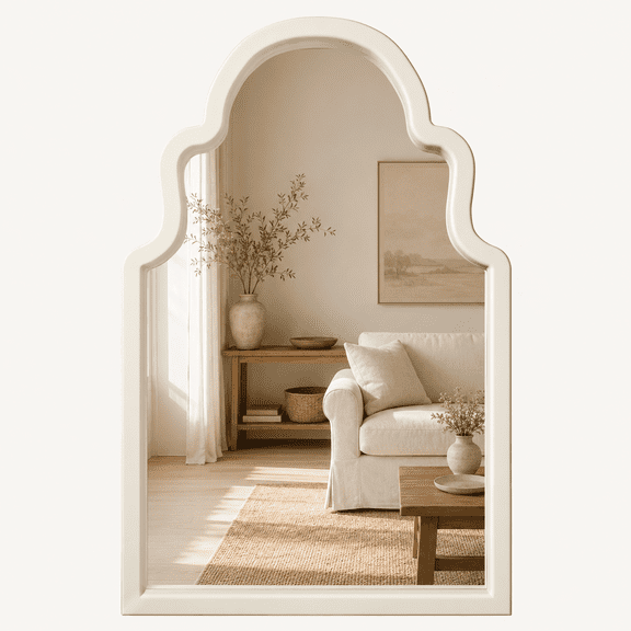 YAURA 40" x 24" French Country Arched Mirror, Creamy Off-White Solid Wood Frame Wall Mirror, Large Farmhouse Mirror for Fireplace Mantel, Bathroom Vanity & Bedroom