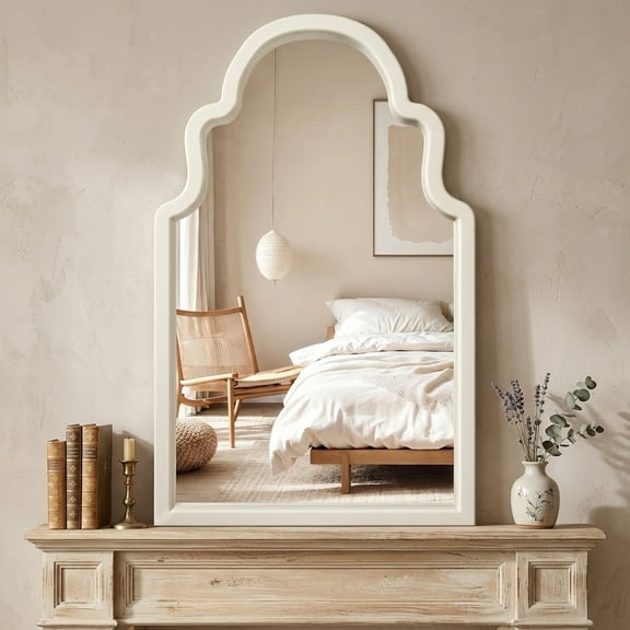 YAURA 40"x24" French Country Arched Mirror, YAURA Creamy Off-White Solid Wood Frame, Large Farmhouse Wall Mirror for Fireplace Mantel, Bathroom Vanity & Bedroom