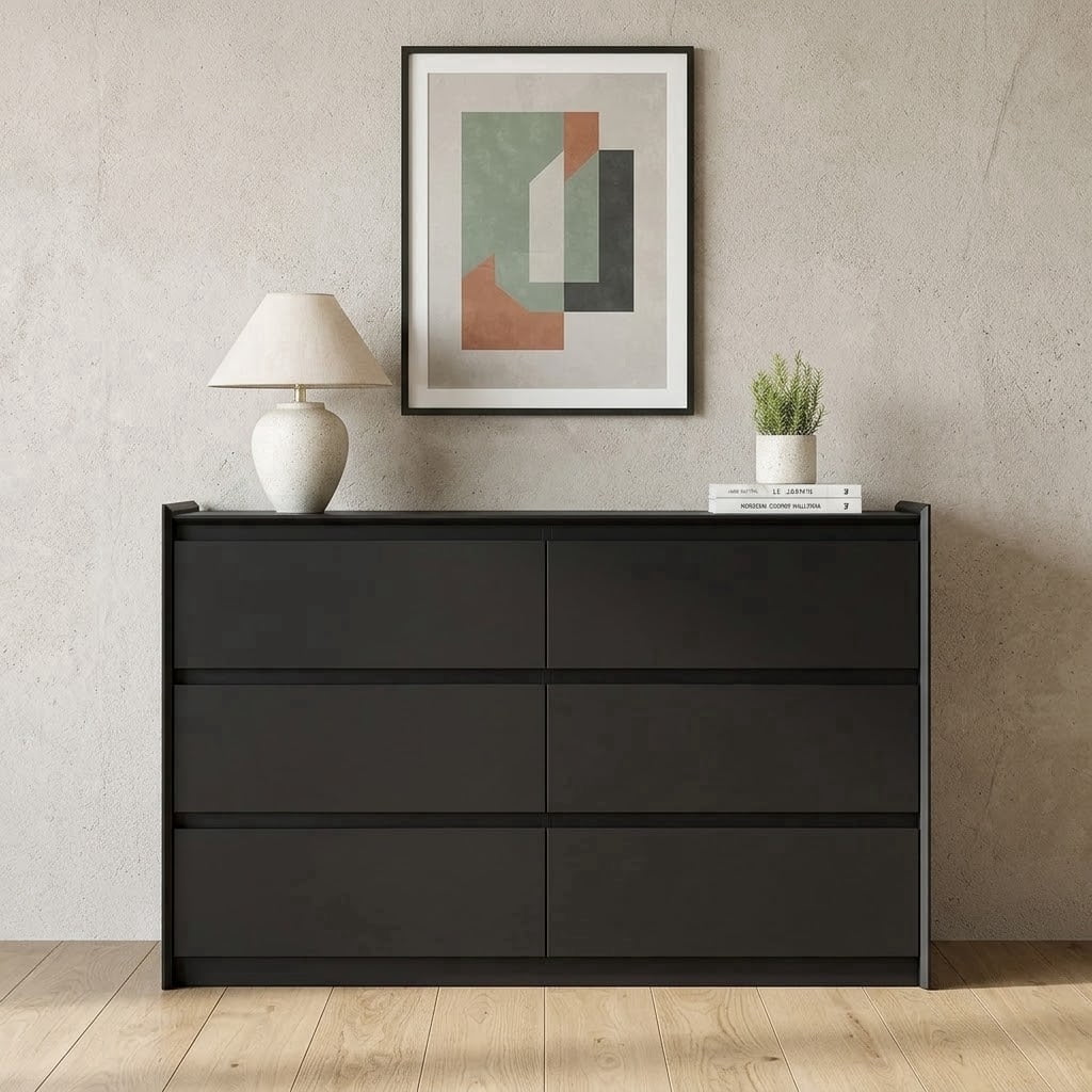 black matte dresser Living Essentials Hillsdale Kincaid 6 Drawer Fluted Chest of Drawers Ridged Cabinet Ribbed Storage Fluted Sideboard YAURA 47" Wide Handle-Free Modern